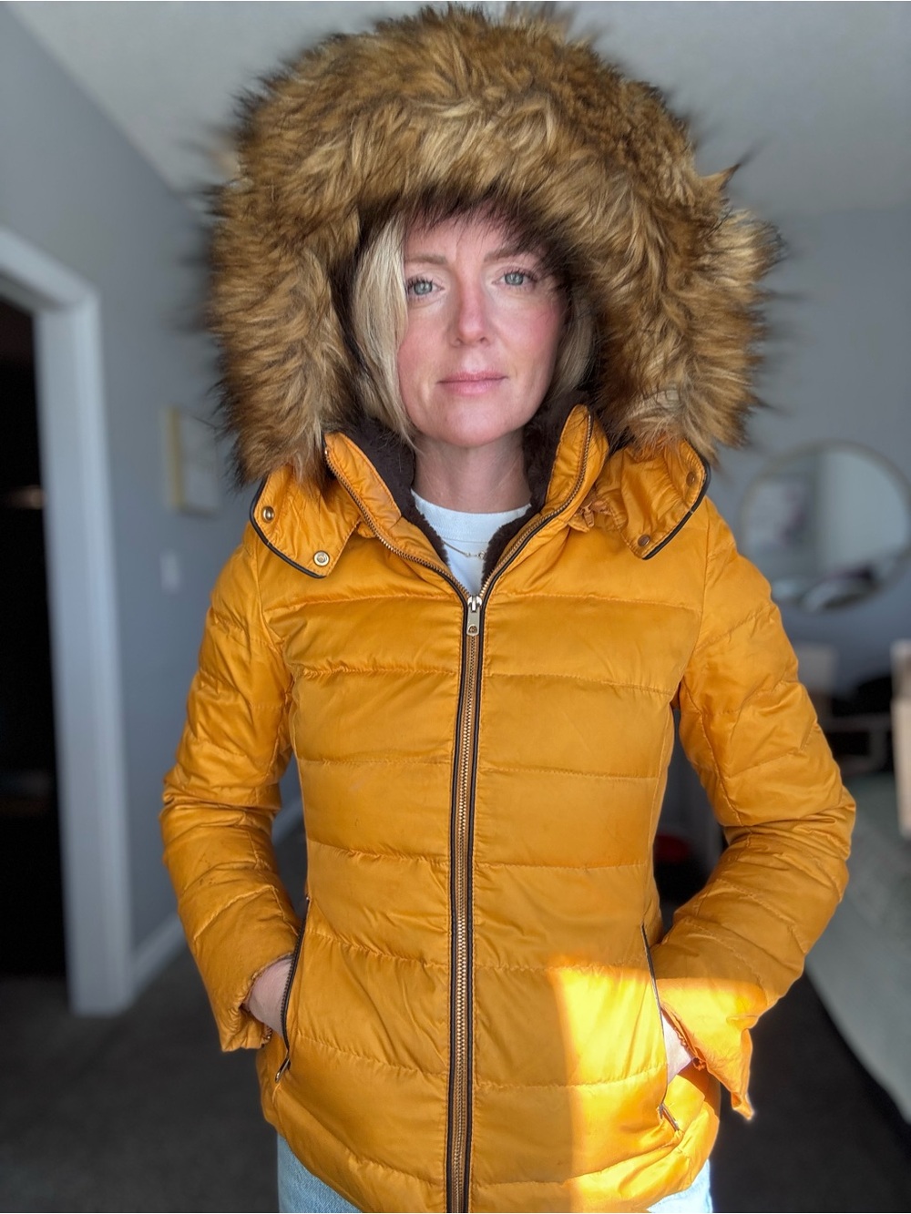 Zara Mustard Yellow Quilted Puffer Coat with Faux Fur Hood